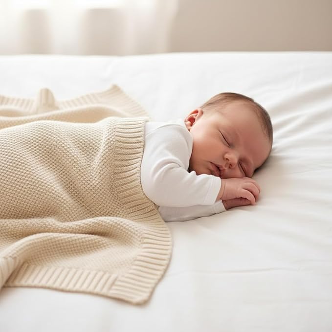 Baby Knit Blanket Soft Cotton Lightweight Newborn Blanket for Crib Stroller Toddler Nursery Shower Gift Cozy Breathable Travel Swaddle Wrap Cream 30 x 30 Inches