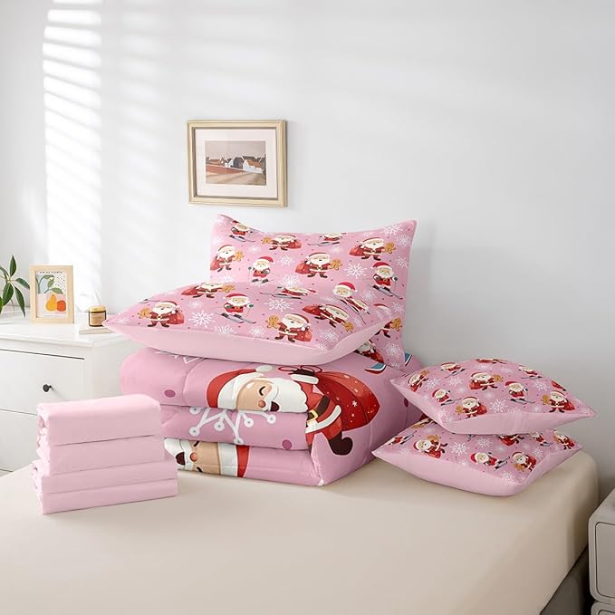 Erosebridal 7Pcs Cute Santa Claus Comforter Set Full Size,Xmas Gingerbread Bedding Set for Kids Boys Girls,Christmas Snowboard Snowflake Bed in A Bag,Pink Christmas Quilt with Flat Fitted Sheet