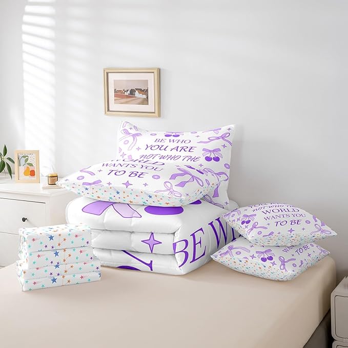 7 Pieces Purple Bowknot Kids Comforter Set King,Cherry Tropical Fruit Stars Daisy Cute Bedding Set,Bow Tie Cartoon Princess Romantic（Comforter+Fitted+Flat Sheet+2 Pillowcases+2 Throw Pillow Covers）