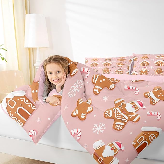 Feelyou Christmas Comforter Set All Season Gingerbread Man Bedding Set with 2 Pillow Cases Santa Microfiber Kids King Bedclothes Snowflake Bedroom Decor Duvet Quilt Breathable Soft Lightweight