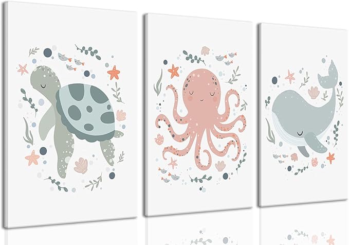 Wodkwq Ocean Nursery Decor, Set of 3 Boys Room Sea Animal Wall Art Picture Canvas Prints, 16x24in Framed