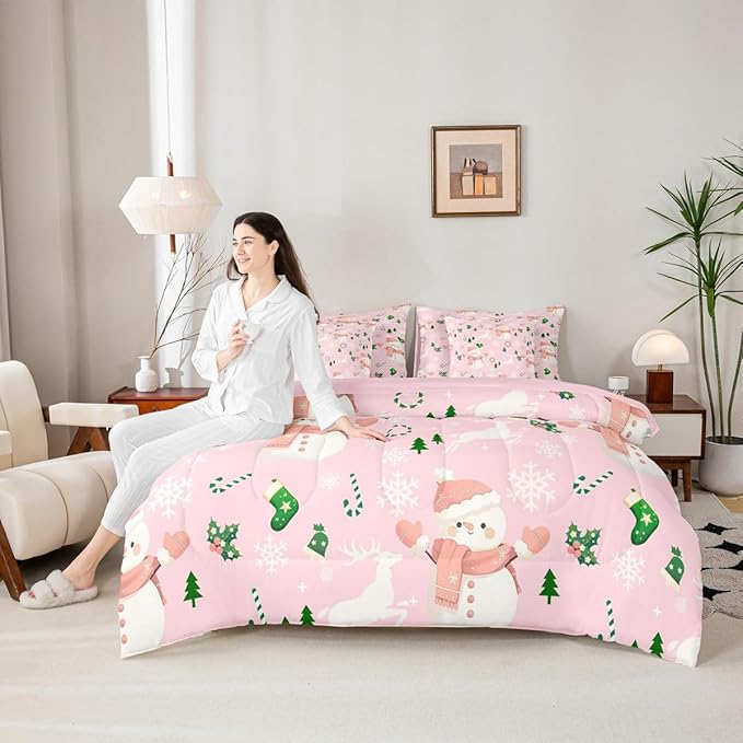 Feelyou Pink Christmas Comforter Set King Size 7 Pieces Cartoon Deer Snowman Bedding Set for Kids Boys Girls New Year Pink Bed in a Bag Reversible Xmas Decor Bedroom Quilted Breathable Soft