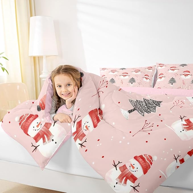 Feelyou Cute Snowman Bedding Set Soft for Boys Girls, Christmas Trees Comforter Set Twin Size Xmas Snowflake Duvet Quilt Microfiber Christmas Decor Bedroom Decor Holiday 2 Pcs with 1 Pillow Cases