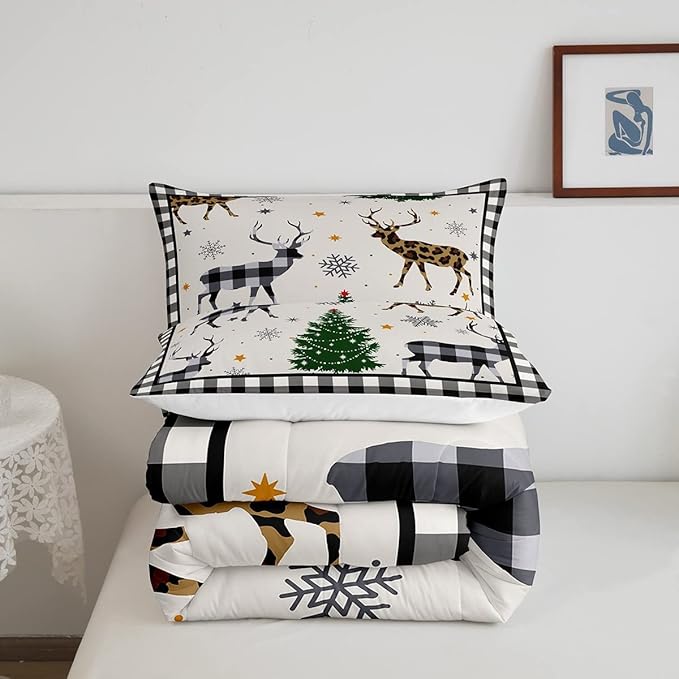 Kids Deer Silhouette Comforter Set Twin Size,Snowflake Pine Trees Bedding,Girls Boys Adults Bedroom/Xmas Cabin Decor,Geometric Grids Plaid Down Comforter,Rustic Farmhouse Duvet Insert,1 Pillowcase