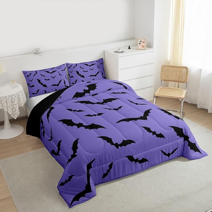 Erosebridal Purple Halloween Bedding Set Spooky Bats Comforter Set Queen,Horror Halloween Decorations Quilt for Kids Boys Girls Adults Gothic Flying Bat Silhouette Duvet Insert,Goth Bedroom Decor
