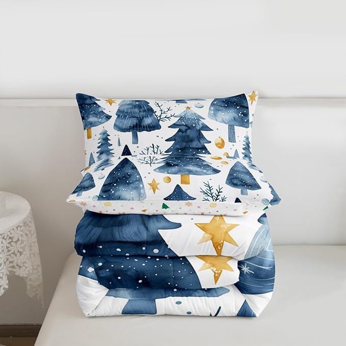Feelyou Christmas Comforter Set All Season Xmas Tree Bedding Set with 1 Pillow Cases Watercolor Blue Microfiber Kids Twin Bedclothes Snowflake Bedroom Decor Duvet Quilt Breathable Soft Lightweight