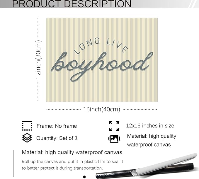 YYS Long Live Boyhood Wall Art Vintage Blue Quote Poster Modern Fashion Minimalist Stripe Canvas Prints for Boy Nursery Playroom Wall Decor 12x16 inch Unframed