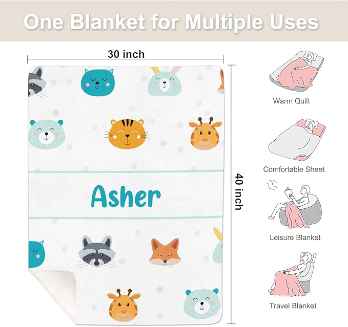 Cute Animal Rabbit Fox Personalized Receiving Sherpa Fleece Baby Blankets for Girls Boys Kids, Swaddle Blankets Gift for Newborn Crib Infants 30x40 Inches