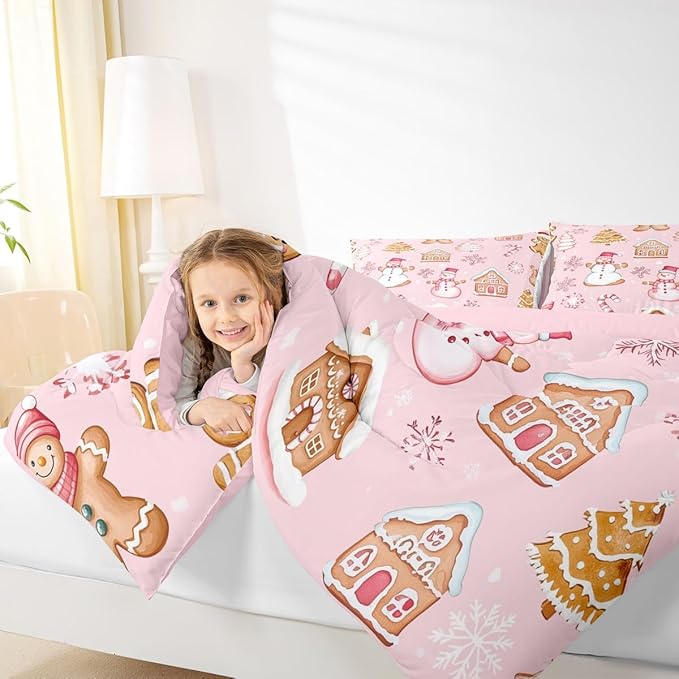 Feelyou Pink Christmas Kids Comforter Set Toddler Size Snowman Bedding Set Gingerbread Man Duvet Quilt for Kids Boys Girls Bedroom Snowflake Candy Cane Decor Microfiber Ultra Soft Breathable