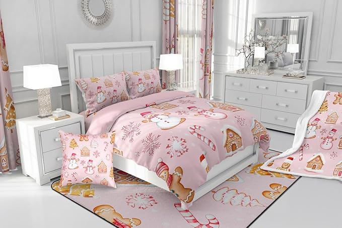Feelyou Pink Christmas Kids Comforter Set King Size Snowman Bedding Set Gingerbread Man Duvet Quilt for Kids Boys Girls Bedroom Snowflake Candy Cane Decor Microfiber Ultra Soft Breathable