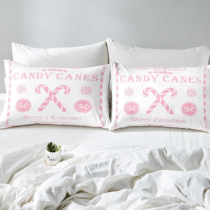 jejeloiu Christmas Bedding Set Twin Size Kids Christmas Quote Comforter Cover Set for Boys Girls Teens Candy Canes Print Duvet Cover Xmas Bedspread Cover Room Decorations Pink Quilt Cover