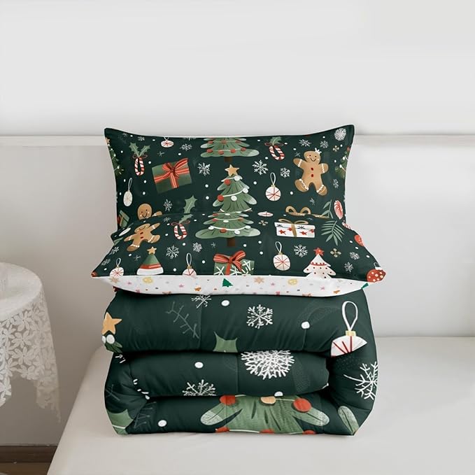 Feelyou Christmas Comforter Set King Size Xmas Tree Bedding Set for Kids Boys Girls Gingerbread Man Duvet Quilt New Year Gift Bedroom Decor Microfiber 3 Pcs with 2 Pillow Cases