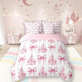 7 Pieces Pink Bowknot Kids Comforter Queen,Castle Tale Princess Toddler Bedding Set,Bow Tie Butterfly Knot Girlish Romantic Fashion（Comforter+Fitted+Flat Sheet+2 Pillowcases+2 Throw Pillow Covers）