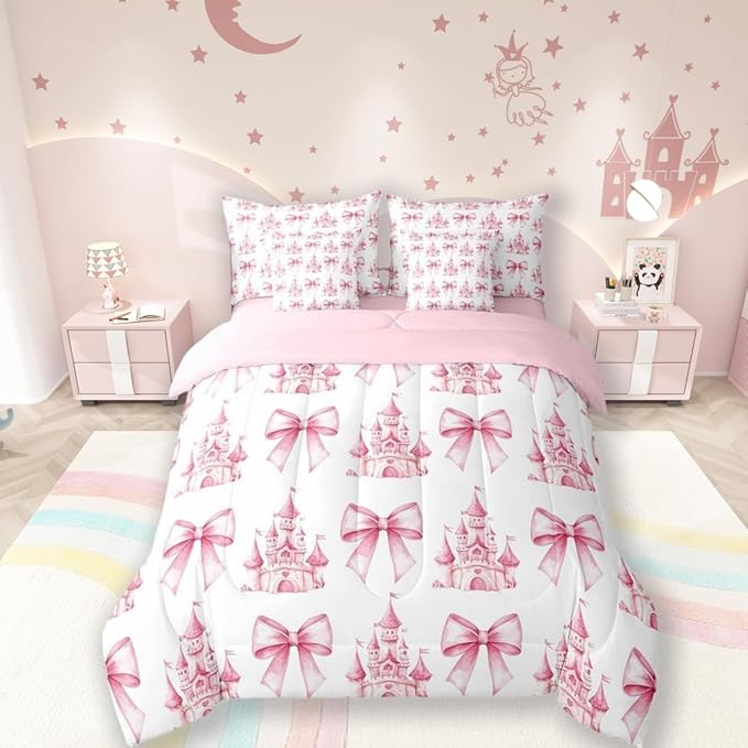 7 Pieces Pink Bowknot Kids Comforter Full,Castle Tale Princess Toddler Bedding Set,Bow Tie Butterfly Knot Girlish Romantic Fashion（Comforter+Fitted+Flat Sheet+2 Pillowcases+2 Throw Pillow Covers）