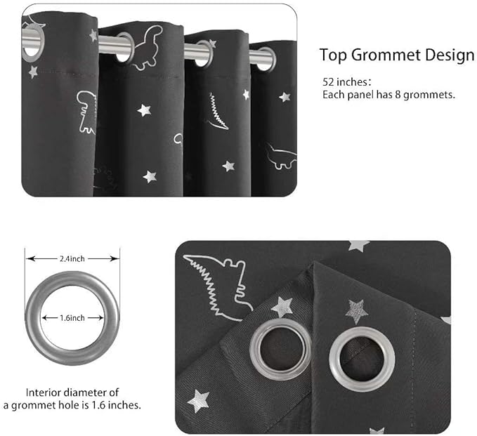 LORDTEX Dinosaur and Star Foil Print Blackout Curtains for Kids Room - Thermal Insulated Curtains Noise Reducing Window Drapes for Boys and Girls Bedroom, 52 x 95 Inch, Grey, Set of 2 Panels