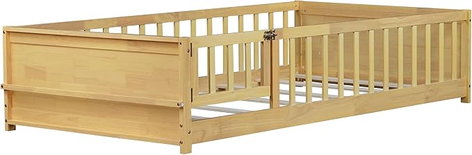 Floor Bed with Rails and Door Twin Size, Wood Montessori Floor Bed with Storage Bookcase, Kids Bed Frame with Fence for Boys Girls, Natural