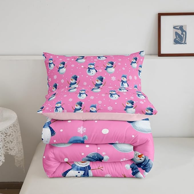 jejeloiu Kids Cute Winter Snowman Comforter Set Twin Size Pink Christmas Theme Bedding Set for Boys Girls Teens Xmas Snowflake Happy New Year Duvet Quilt Room Decor