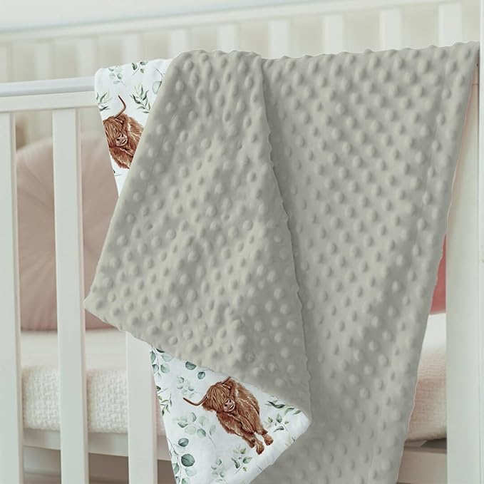 Highland Cow Baby Blankets for Girl Boy 30" x 40", Green Eucalyptus Leaf Soft Double Layer Minky Blanket Dotted Fleece Back, Nursery Bed Receiving Quilt Newborn Infant Toddler Shower Gift