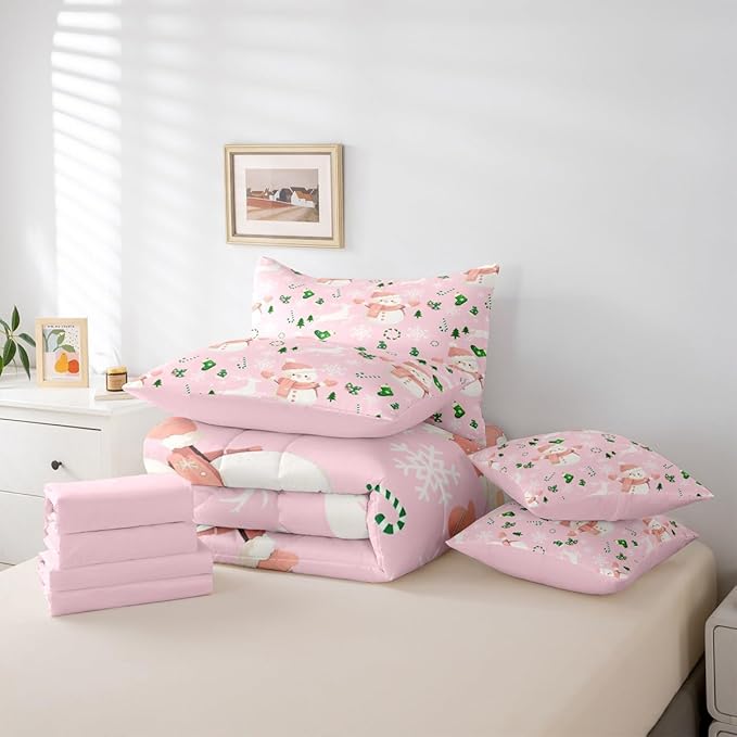 Feelyou Pink Christmas Comforter Set King Size 7 Pieces Cartoon Deer Snowman Bedding Set for Kids Boys Girls New Year Pink Bed in a Bag Reversible Xmas Decor Bedroom Quilted Breathable Soft
