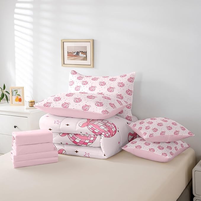 7 Pieces Bowknot Princess Kid Comforter Set Full,Disco Crystal Ball Western Cowgirl Bedding Set,Star Bow Tie Sweet Romantic Pink Dreamy（Comforter+Fitted+Flat Sheet+2 Pillowcases+2 Throw Pillow Covers）