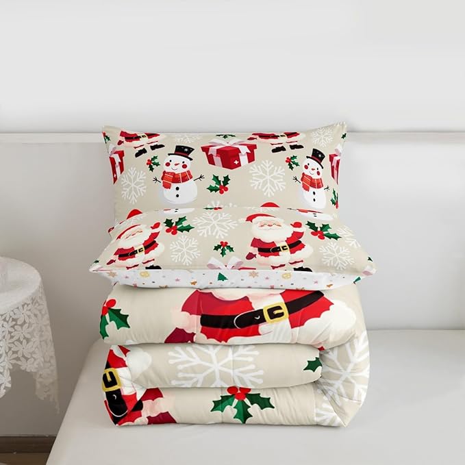 jejeloiu Merry Christmas Comforter Set Queen Size Xmas Santa Claus Bedding Set for Kids Boys Girls Cute Snowman Duvet Quilt Beige Bedroom Decor