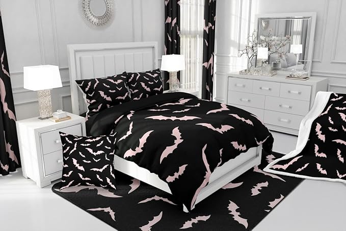 Erosebridal Bat Comforter Set Halloween Pink Bats Bedding Set with 2 Pillow Cases Silhouette Gothic Quilt Full Size for Kids Boys Youth Gothic Spooky Bedding Comforter Sets,Black