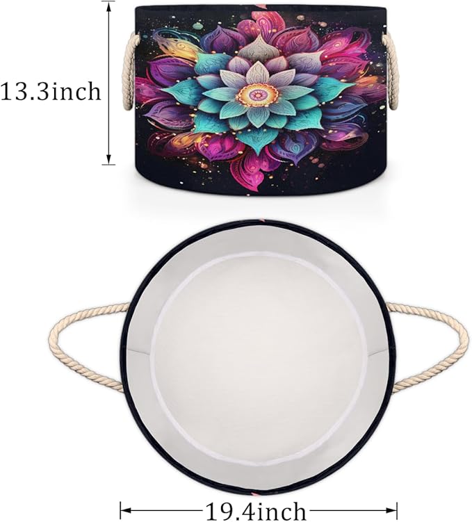 Galaxy Ethnic Mandala Round Storage Basket for Laundry & Toys, Lightweight Fabric Laundry Hamper with Handles, Foldable Large Organizer Bin for Bedroom Bathroom Nursery Dorm