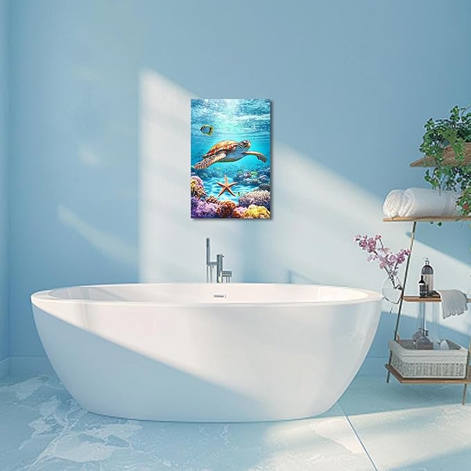 AWPANERAR Sea Turtle Wall Art Bathroom Pictures Watercolor Sea Life Canvas Prints Ocean Animal Poster Nautical Theme Artwork for Kids Room Nursery Decor Framed (Green, (42L x 28W))