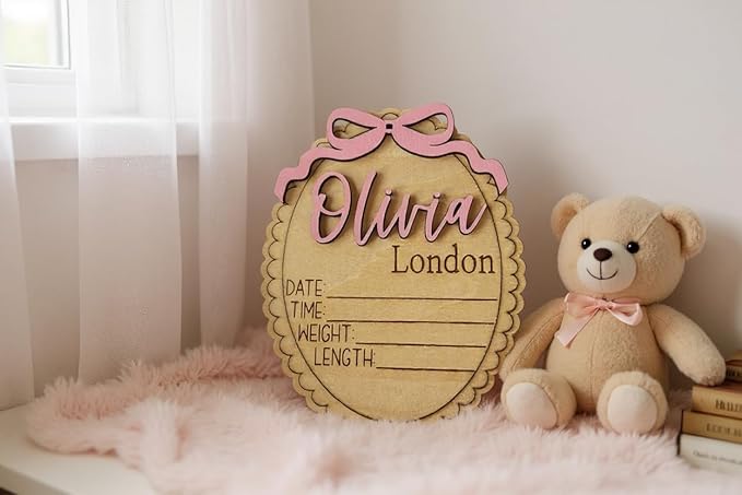 Personalized Baby Announcement Sign with Bow, Custom Wooden Name, Birth Stat Plaque – Scalloped Edge Newborn Photo Prop & Nursery Keepsake (Stat Sign)