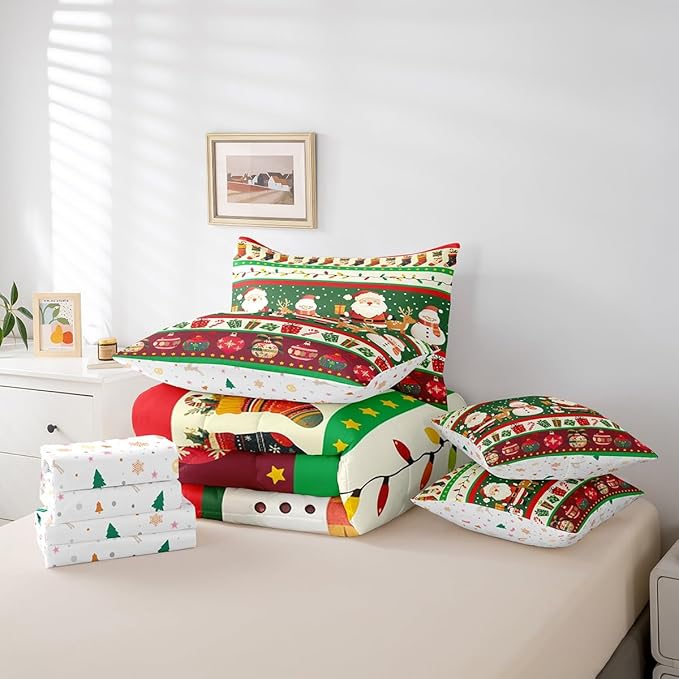 Feelyou Christmas Santa Claus Comforter Set with Sheets Cartoon Stockings Deer Bedding Set for Kids Boys Girls Teens Decor Christmas Snowflake Bed in a Bag Kawaii Bed Set 7Pcs Queen Size