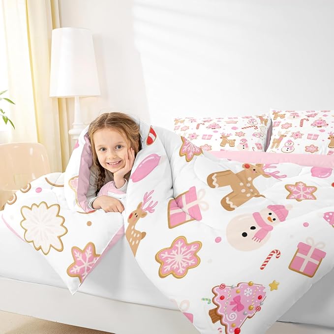 Feelyou Pink Christmas Comforter Set King Size Snowman Deer Bedding Set for Kids Boys Girls Snowflake Duvet Quilt Bedroom Decor Microfiber 3 Pcs with 2 Pillow Cases