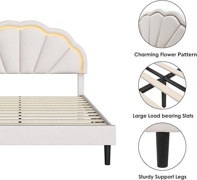 HIFIT Full Upholstered Smart LED Bed Frame with Adjustable Chic Petal Headboard, Princess Full Size Platform Bed Frames for Kids/Girls, Wooden Slats Support, No Box Spring Needed, Easy Assembly, Beige