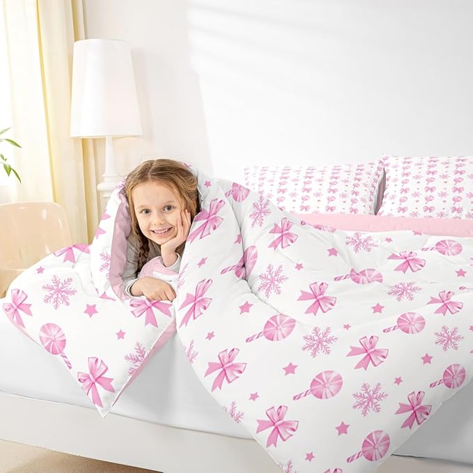 Feelyou Pink Christmas Bedding Set Soft for Boys Girls, Bow Candy Comforter Set Queen Size Star Snowflake Duvet Quilt Microfiber Bedroom Decor 3 Pcs with 2 Pillow Cases