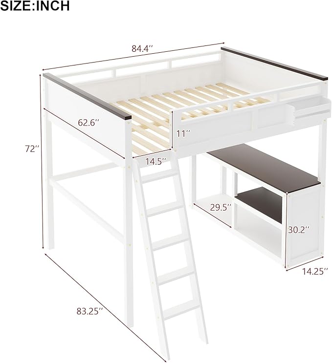 Bellemave Queen Loft Bed with Desk, Queen Size Loft Beds with Storage Shelves for Kids Adults Boys Girls Teens, White