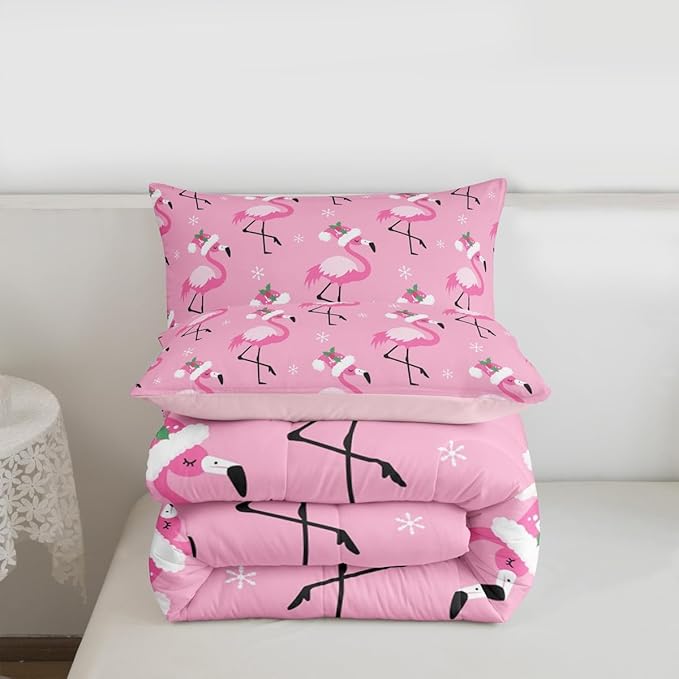 Merry Christmas Pink Bed Comforter Set Queen Size,Red Birds Wild Animal Super Soft Microfiber Bedding Set for Adults Teens,Flamingo Comforter Set,2 Pillowcases