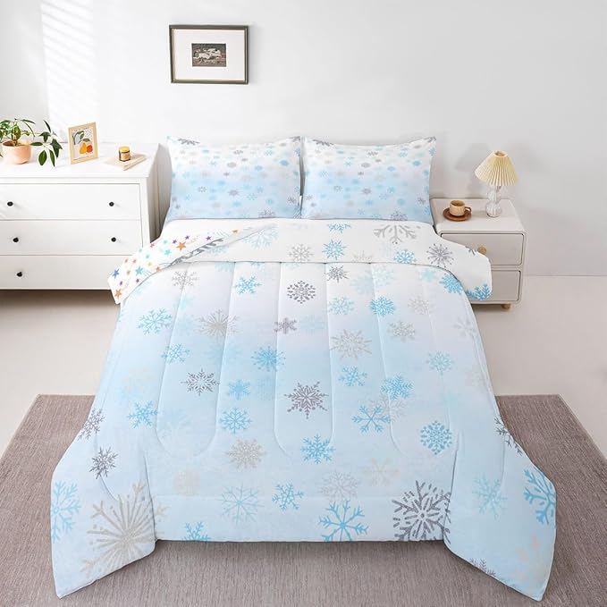 Feelyou Glitter Snowflake Comforter Set King Size, Blue Snowflake Comforter Kids Toddler Ombre Bedding Set Winter Theme Duvet Set Microfiber Bed Set
