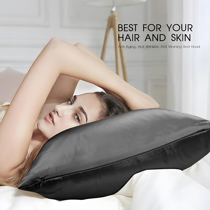 100% Mulberry Silk Pillowcase for Hair and Skin,Both Sides Natural Silk Bed Pillow Case with Hidden Zipper,19 Momme Grade 6A,1pc,Charcoal,Standard Size 20x26 Inches