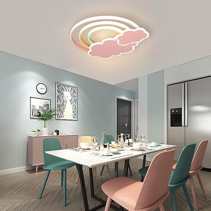 LED Pink Ceiling Light Modern Cartoon Children's Room Dimmable Ceiling Light with Remote Control Nordic Children's Room Blue Cloud Rainbow Night Light for Bedroom Baby Room Boys Girls Room