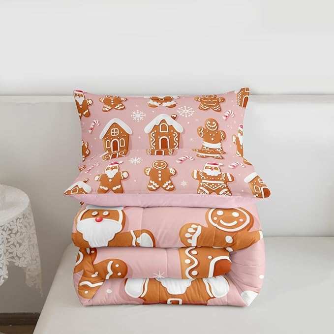 Feelyou Christmas Comforter Set All Season Gingerbread Man Bedding Set with 1 Pillow Cases Santa Microfiber Kids Twin Bedclothes Snowflake Bedroom Decor Duvet Quilt Breathable Soft Lightweight