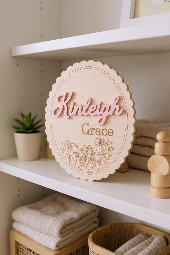 Personalized 3D Baby Name Sign with Floral Design, Scallop Engraved Birth Announcement Plaque, Baby Shower - Newborn Keepsake (Name + Stat Sign Bundle)