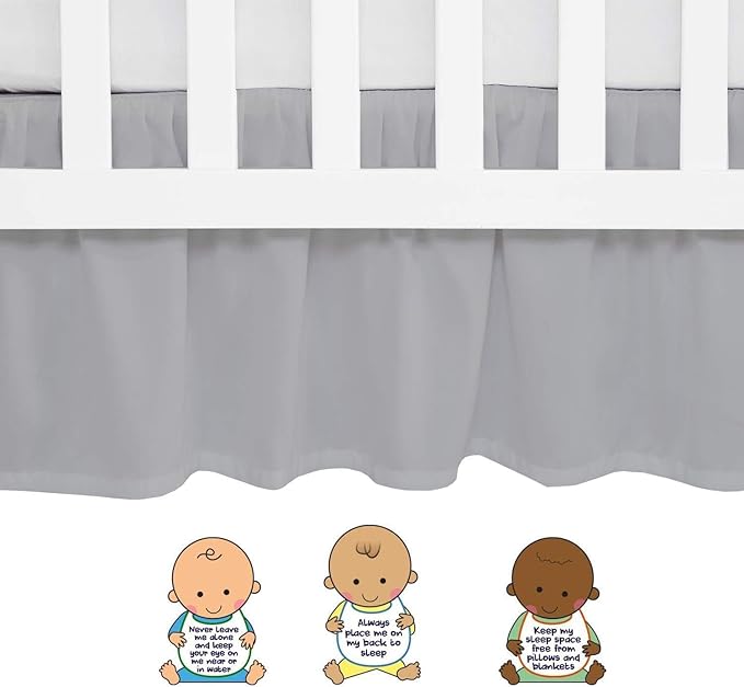 Light Grey Crib Bed Skirt 28" x 52" with 14" Drop - Dust Ruffle Crib Skirt with Split Corners - Soft Nursery Standard Crib Toddler Bedding Skirt for Baby Boys or Girls