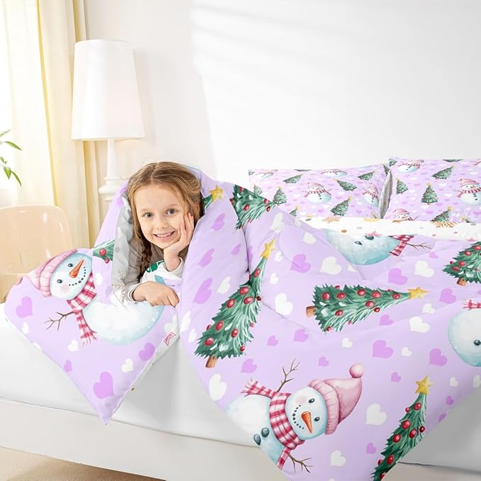 Feelyou Merry Christmas Bedding Set Soft for Boys Girls, Cute Snowman Comforter Set Twin Size Christmas Tree Duvet Quilt Microfiber Love Hearts 2 Pcs with 1 Pillow Cases