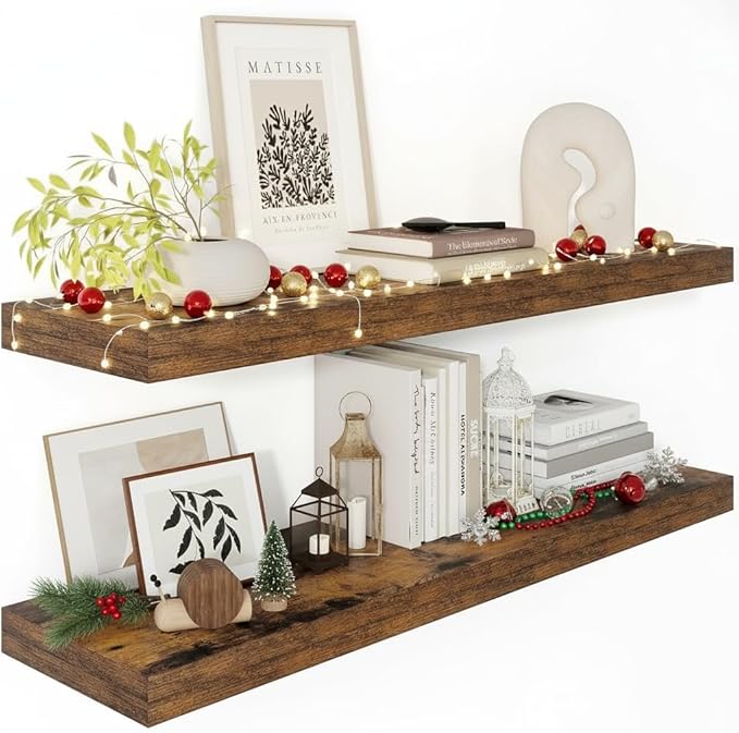 Vivelove 12" Deep Floating Shelves for Wall 36" Long, Wall Shelves for Bedroom Living Room Bathroom Kitchen Laundry Room, Farmhouse Rustic Shelves for Home Decor, 36" X 12" X 2" Set Of 2, Rustic Brown