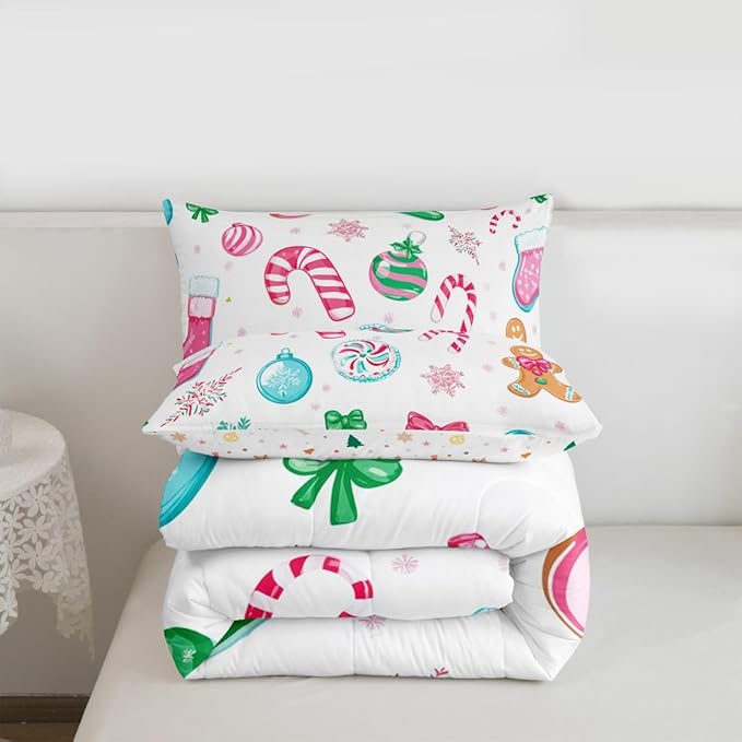 Feelyou Candy Cane Comforter Set King Size Christmas Ornament Bedding Set for Kids Boys Girls Snowflake Duvet Quilt Festive Bow Bedroom Decor Christmas Stocking Microfiber 3 Pcs with 2 Pillow Cases