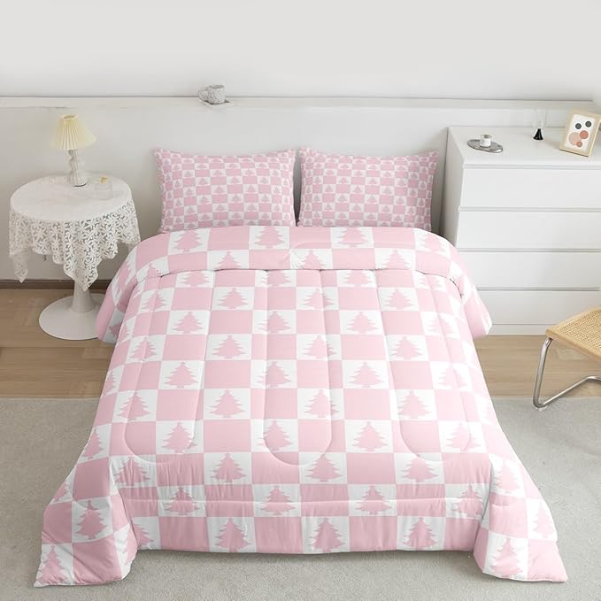Feelyou Christmas Bedding Set Soft for Boys Girls, Checkered Comforter Set King Size Christmas Tree Duvet Quilt Microfiber Xmas Decorations Bedroom Decor Pink 3 Pcs with 2 Pillow Cases