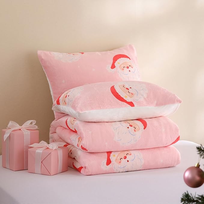 JANZAA Christmas Queen Comforter Set, Pink Flannel Comforter with Santa Pattern, Soft Cozy Lightweight Bedding Set Fluffy Comforter Set 1 Queen Comforter(90"*90") and 2 Pillowcases (20"*26")