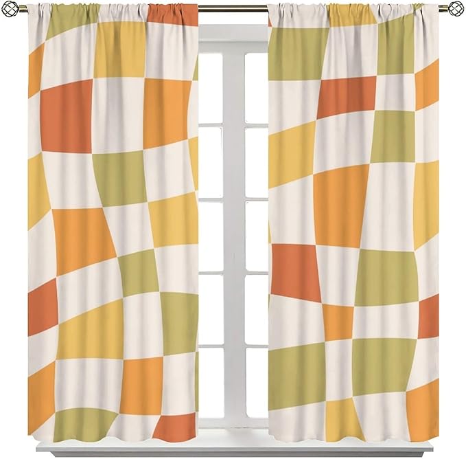 Orange Checkered Curtains,70s Vintage Twisted Checkered Window Drapes Colorful Groovy Trendy Wavy Hippie Grid Print Window Treatments for Kids Girls Bedroom Living Room Bathroom 72"W X 63"L