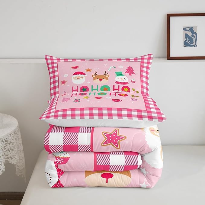 Merry Christmas Kids Comforter Set King Size,Cartoon Santa Claus Snowman Deer Bedding Set,Boys Girls Adults Room Decor,Geometric Grids Fashion Down Comforter,Pink Xmas Duvet Insert,2 Pillowcases