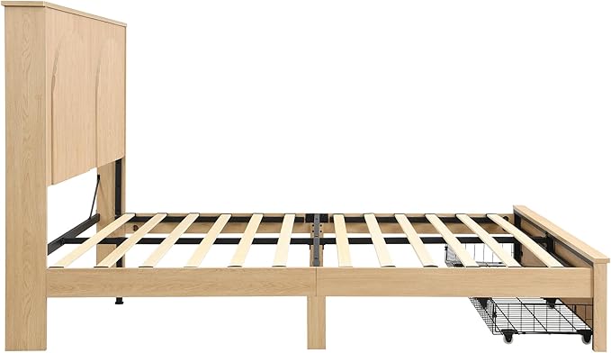XIAOWEI Queen Size Bed Frame with 52.4" Tall Headboard 2 Storage Drawers,Fluted Sturdy Wooden Frame with Underbed Storage,No Box Spring Needed Platform Bed,Easy Assembly Low Profile Bed Frame,Natural