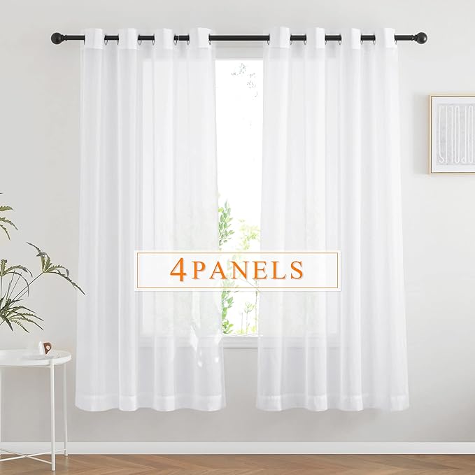 RYB HOME Sheer Curtains 4 Panels Set 72 Inches Long, Solid Voile Light Filtering Airy Curtains Window Treatment Drapes for Living Room, Elegant Bedroom Window Panels, White, Width 54, Grommet